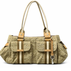 Fossil Monogram Print Shoulder Bag Tan & Beige Multi Pocket Purse 14 X 8”